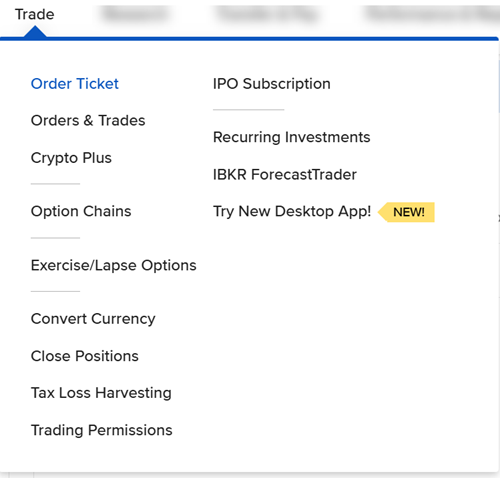 Image of the trade drop down menu in Client Portal. 